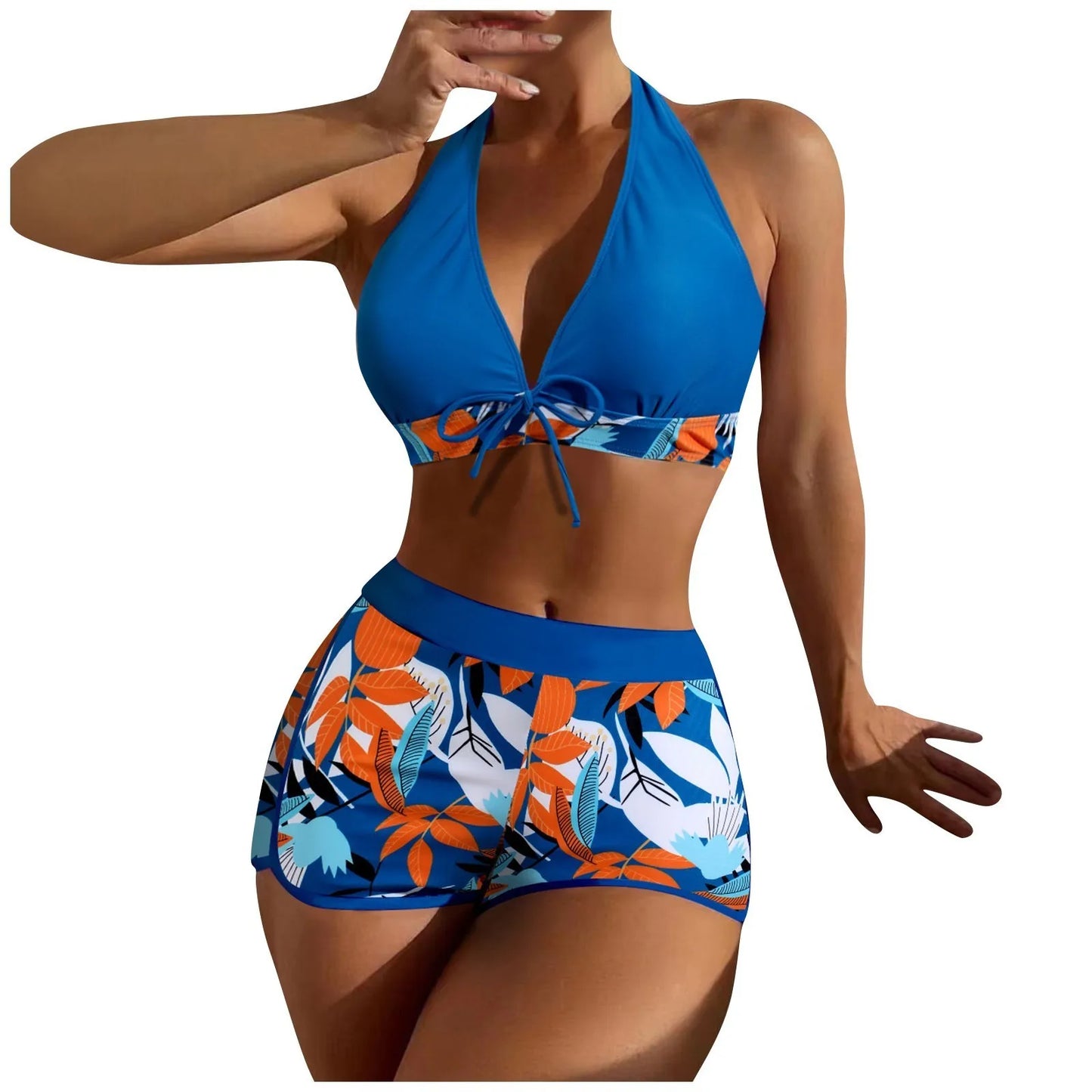 Women's Paneled Printed Swimsuit Ladies Fashion Sexy Split Boxer High Waist Swimsuit Two-Piece Set V-Neck Bathing Suits Female