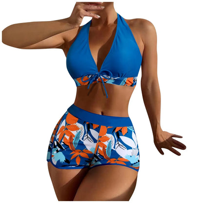 Women's Paneled Printed Swimsuit Ladies Fashion Sexy Split Boxer High Waist Swimsuit Two-Piece Set V-Neck Bathing Suits Female
