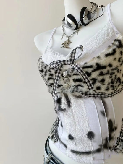 Vintage Hottie Halter Tank Tops Subculture Leopard Patchwork Vest Women's Kawaii Kitten Print Slim Y2K Crop Tops Women Clothes