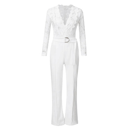 Sexy Lace V Neck Belted Jumpsuit Spring Summer Women'S Rompers Elegant Lady Wide Leg Overalls Fashion Casual White Playsuit 2024