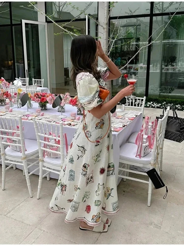 Bohemia Beach Print A-line White Summer Dress Women Casual O-neck Puff Sleeve Midi Dress Holiday Women Outfits Chic Party Dress
