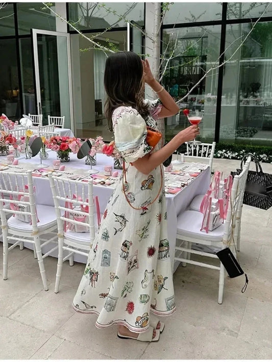 Bohemia Beach Print A-line White Summer Dress Women Casual O-neck Puff Sleeve Midi Dress Holiday Women Outfits Chic Party Dress