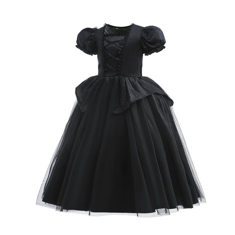 Halloween Costume For Kids Black Witch Dress Luxury Lace Sequin Evil Role Playing Costume Maleficent Dress Up Outfit Ghost Bride
