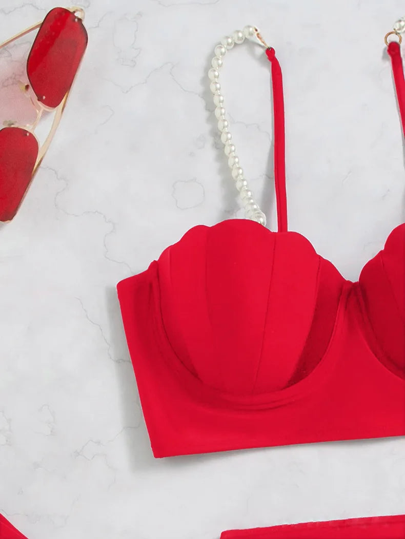 New Swimsuit Women Three Piece Set Solid Blue/Red/Orange/Black Summer Bikini European American Scallop 2024 Swimsuits Wholesale