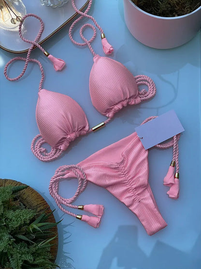 Adjustable Bandage Bikini Set 2023 Swimwear Swimsuit Woman Sexy Bathing Suits Solid Bikinis Triangle Female Summer Beachwear