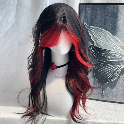 Black Ombre Red Layered Wig Synthetic Long Wavy Women Fluffy Lolita Style Cosplay Wig Middle Part for Daily Party