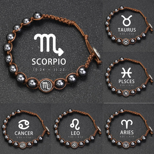 12 Constellation Bracelet Stainless Steel Accessories Handmade Bracelet 8mm Hematite Beads Men's and Women's Bracelet Jewelry