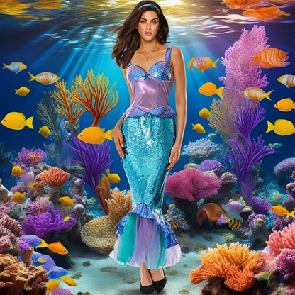 The Mermaid Cosplay Costume for Women Halloween Sea-maid Tail Dress Adult Blue Sequins Skirts Pool Party Ocean Princess Outfit