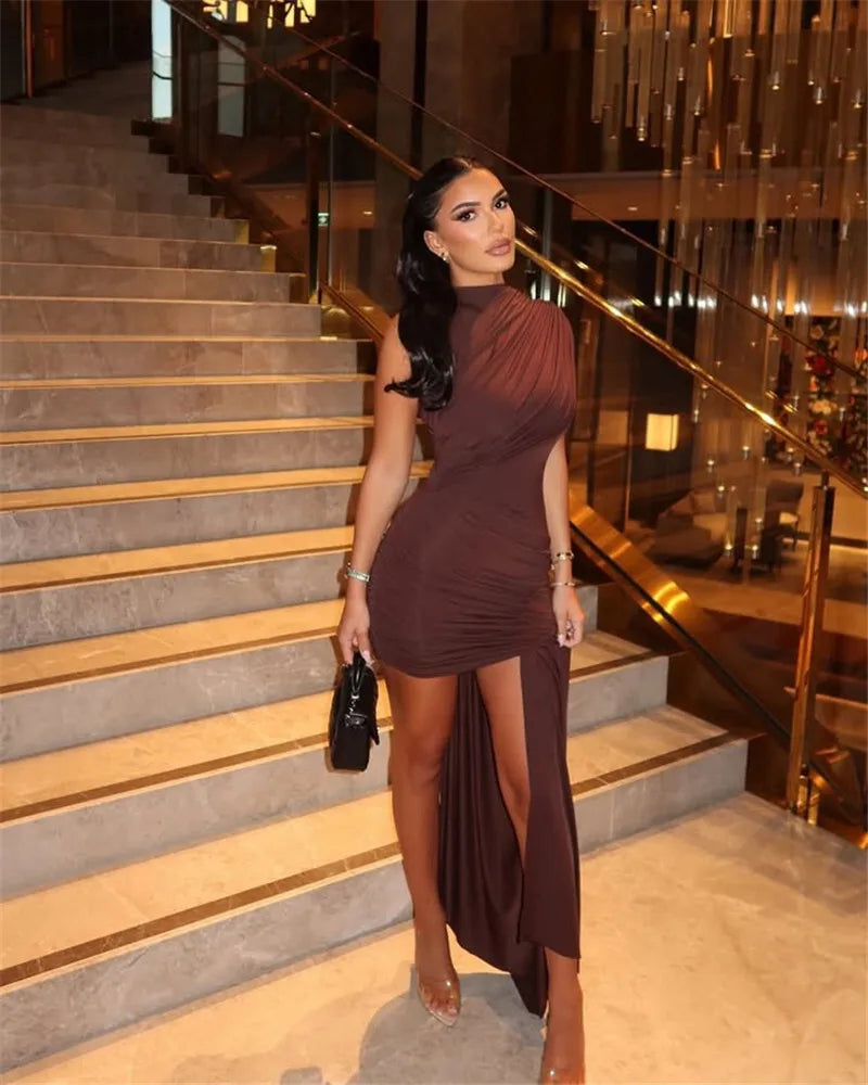 Mozision Irregular Draped Ruched Sexy Mini Dress For Women Elegant Turtleneck Sleeveless High Waist Pleated Club Party Dress