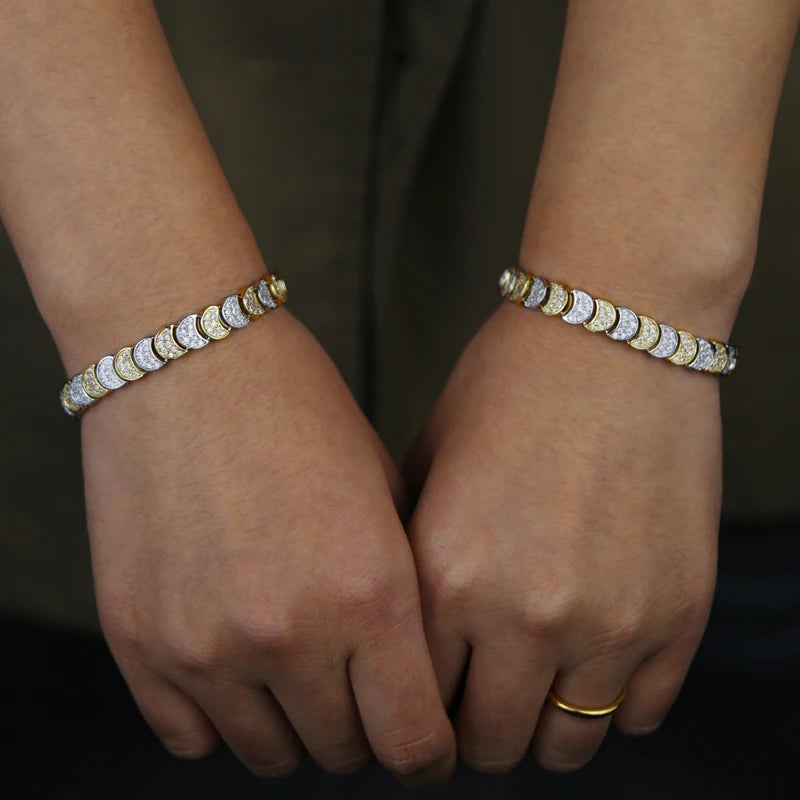 Two Tone Gold Color Paved 5A Cubic Zirconia CZ Moon Shaped Charm Link Chain Fashion Women Bracelet 2025 Gift