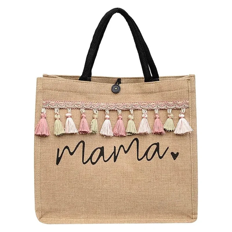 Women Tote Bag Mama Letter Printing Casual Fashion Linen Handbag Large Capacity Shopping Shoulder Bag Mother’s Day Gifts for Mom