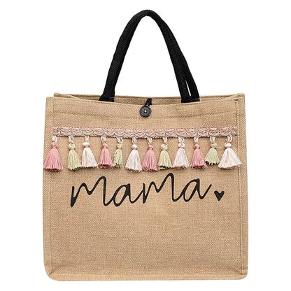 Women Tote Bag Mama Letter Printing Casual Fashion Linen Handbag Large Capacity Shopping Shoulder Bag Mother’s Day Gifts for Mom