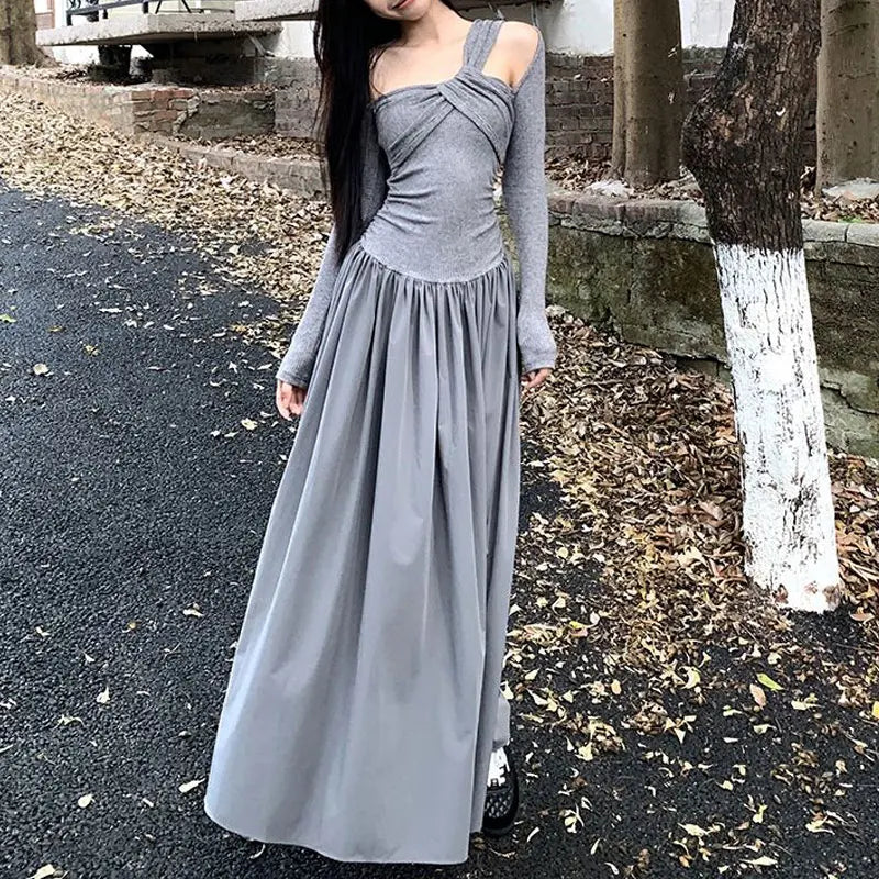 Autumn Skew Collar Halter Aura Dresses Solid Color Female Clothing Folds Stylish Irregular Basic Long Sleeve Spliced Long Dress