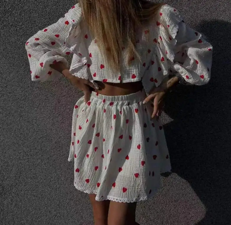 Spring And Summer New Fashion Ruffle Edge Long Sleeved Printed Shirt + Elastic Waist Short Skirt Set For Women,4 Colors