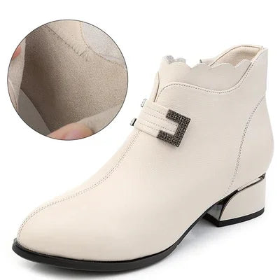 2025 Fashion Genuine Leather Ankle Boots Women Thick Heels Zipper Pointed Toe Autumn Winter Woman Shoes Soft Sole Short Boots