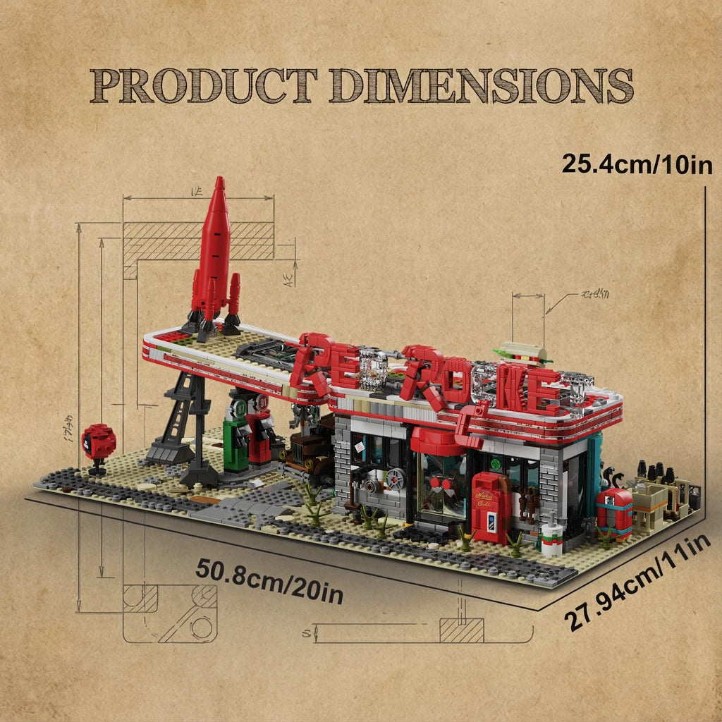 Movie Game Red Abandoned Gas Station Architecture Doomsday MOC House Modular Building Blocks Model Kit Adult Kid Gift 2221PCS