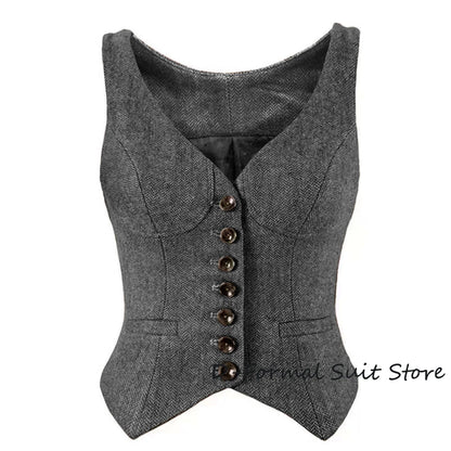 Herringbone Women Sleeveless V-Neck Slim Fit Vintage Wool Jacket Casual Summer Knit Vest By Women's Sports Suit New Outerwear