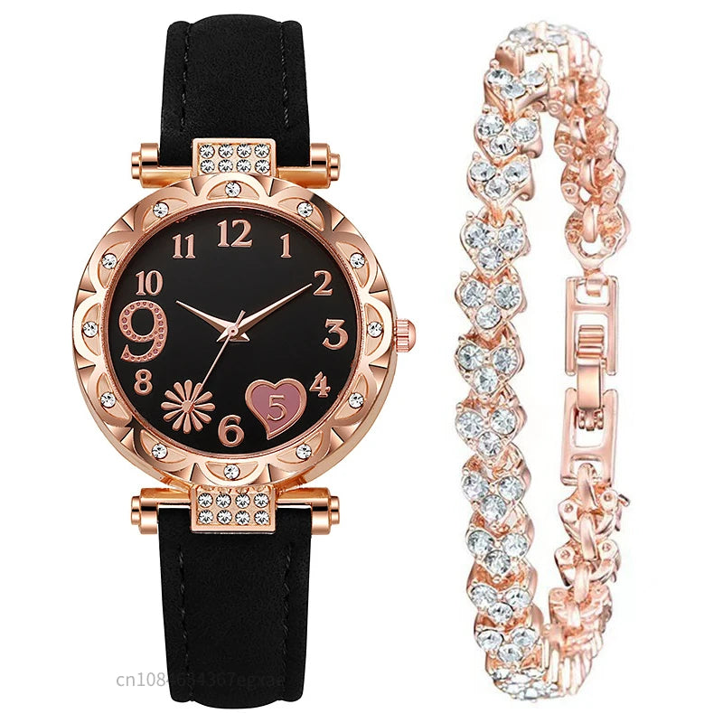 2/1PCS Fashion Heart Dial Women's Watches Luxury Leather Band Quartz Watch Rhinestone Bracelet Set Female Relogio Feminino