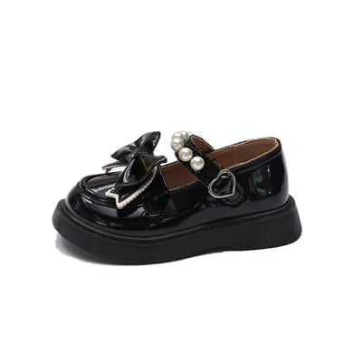 Girls Beige/black Round Toe Princess Shoes Pearl Bow, Girls Four Seasons Outdoor PU Princess Shoes, Size 26-36