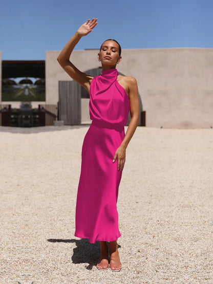 Summer Luxury Sleeveless Silk Satin Long Dress Women Elegant Off Shoulder Celebrity Evening Dress Partywear Lady Trumpet Dress