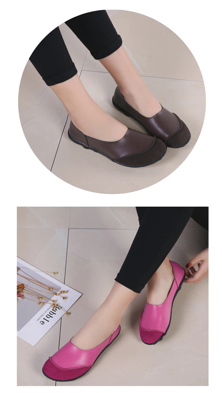 Women's shoes casual flat walking low heel loafers leather solid color large size casual single shoe work shoes44