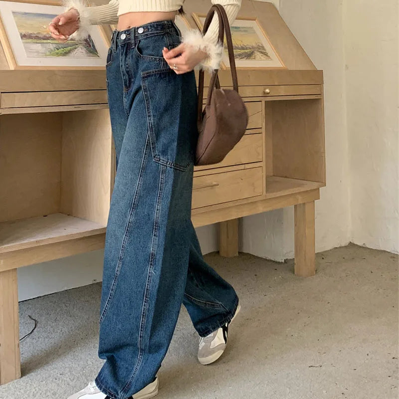 Autumn 2025 High Waist Slim Tapered Wide Leg Jeans Y2K Vintage Blue Denim Pants Dongdaemun Curved Hem for Women
