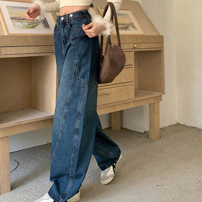 Autumn 2025 High Waist Slim Tapered Wide Leg Jeans Y2K Vintage Blue Denim Pants Dongdaemun Curved Hem for Women