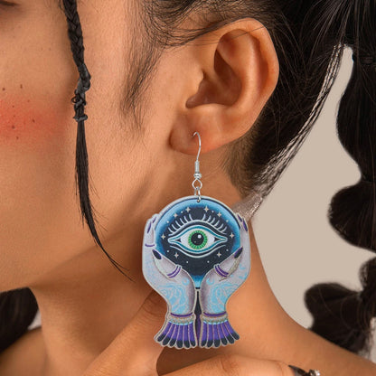 Colorful Halloween devil eye earrings featuring hands and an eye design for a spooky accessory