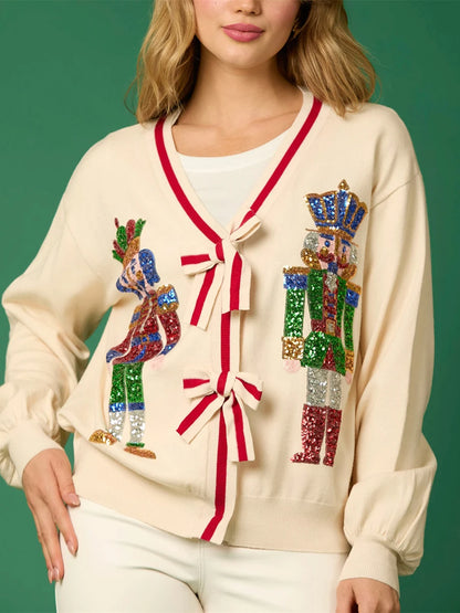 Women's Vintage Christmas Cardigan Sweater Glitter Sequin Nutcracker Pattern Long Sleeve V Neck Bow Button Down Knitwear Outwear