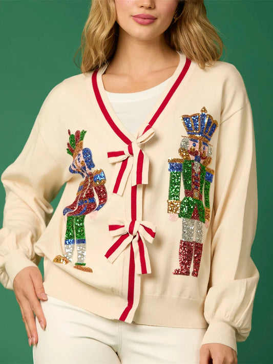 Women's Vintage Christmas Cardigan Sweater Glitter Sequin Nutcracker Pattern Long Sleeve V Neck Bow Button Down Knitwear Outwear