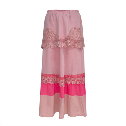 Long Maxi Skirts For Women 2024 Summer Boho Tiered Long Lace Skirt Maxi Net Flared Elegant Button Plus Size Cotton Skirt New