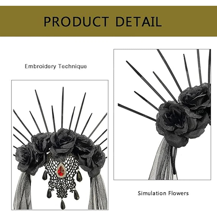 EtherealBe gothic black rose veil headband with black flowers and dramatic embellishments