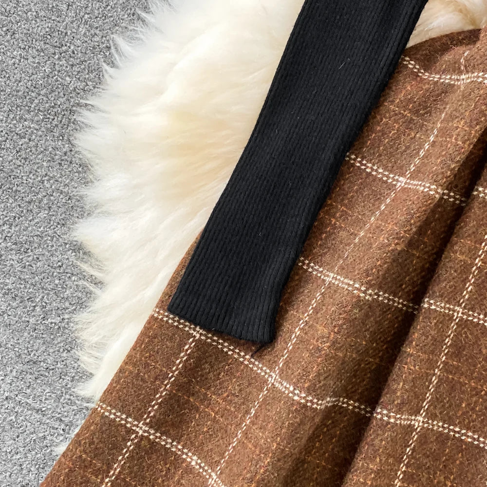 High Quality Fall Winter Women Sweater Overalls Dress Sets Casual Knitted Tops +Plaid Woolen Dress 2 Piece Sets Outfits Female