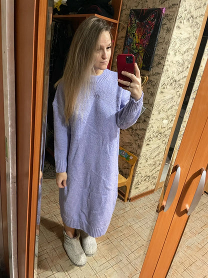 Winter Women Dress Fall Sweater Women Dress Long Sleeve Knitted Dresses Maxi Vintage Oversize Dresses Knitting Thick Warm Purple