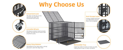 XXL Large Heavy Duty Dog Crate Strong Pet Cage Tear Resistant Square Tube Metal Kennel Playpen with Lockable Wheels and Tray