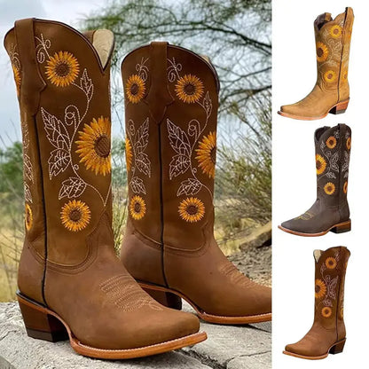 New Women Coffee Brown Embroidery Boots PU Leather Printed Western Cowboy Boots Deep V-mouth High Tube Casual Boots Classic
