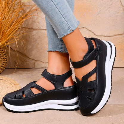 Black hollow wedge sandals plus size featuring stylish cutouts and comfortable design