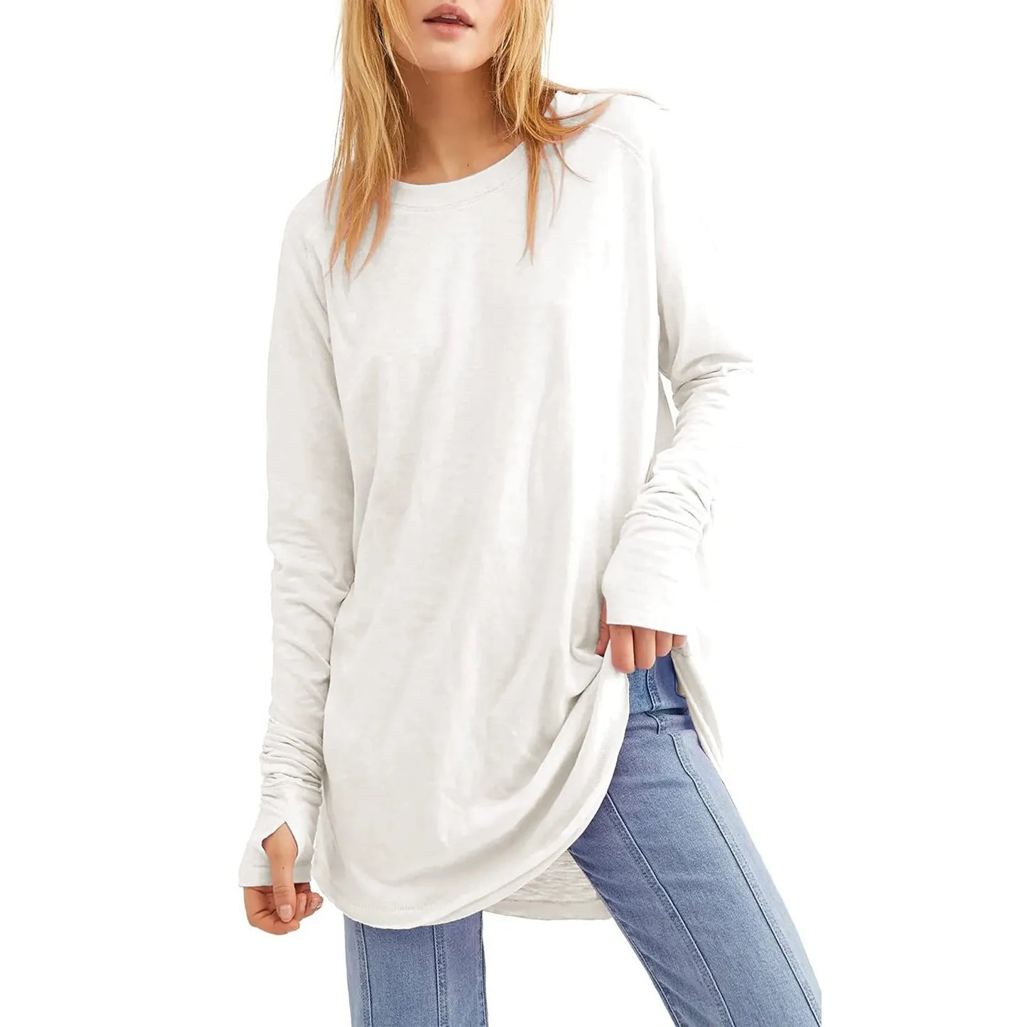 Women's Solid Round Neck Loose Long Sleeve Medium Length Leaky Thumb T-shirt Top