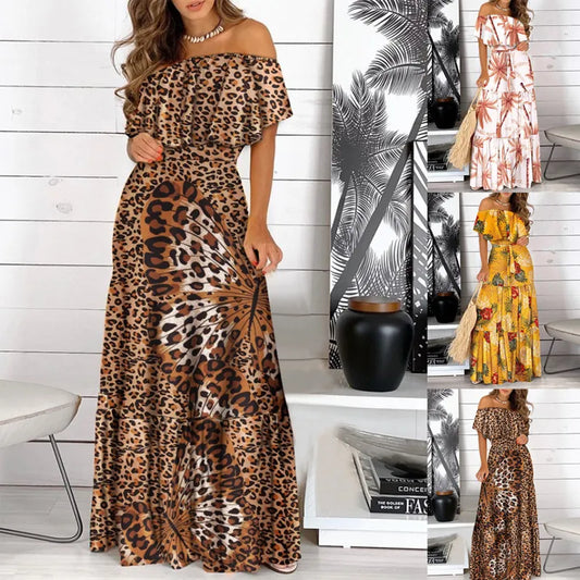 2021 New Fashion Leopard Robe Print Long Dress Ruffle Maxi Sundress Bohemian Women Summer Sexy Casual Elegant Strapless Vestidos
