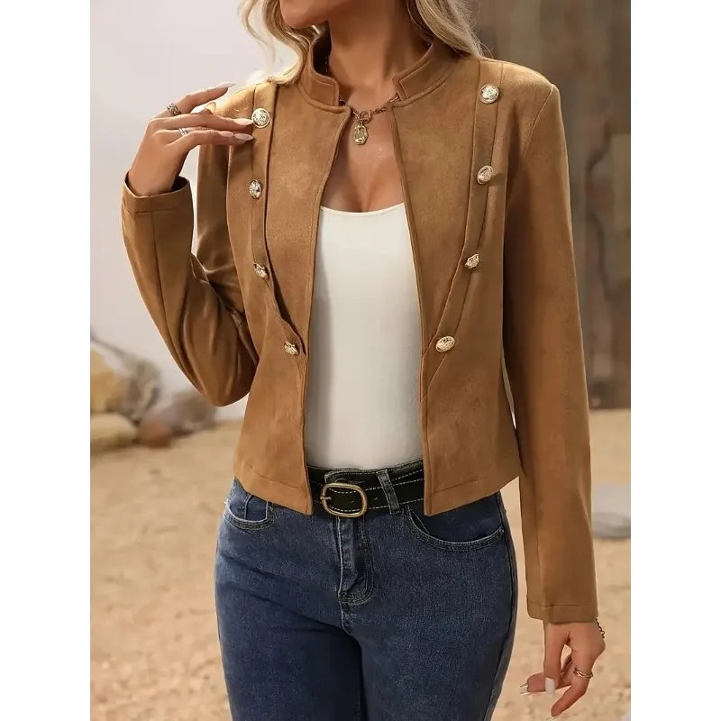 Women's Fashion Stand Neck Long Sleeve Jacket Short Coat Ladies Casual Solid Slim Double-breasted Blazer Elegant Lady Jackets