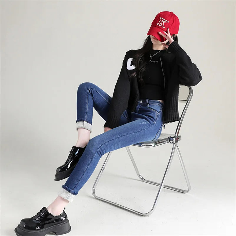 New Winter Women Snow Thermal Fleece Skinny Jeans Casual Lady Warm Velvet Thick Pencil Pants Female Basic Fleece Denim Trousers
