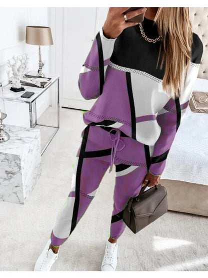 Autumn Winter Fashion Sports Style Two Piece Set Women Casual Printing Long Sleeve Tshirt Pants Two Piece Set Women