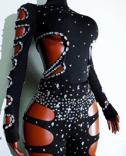 rhinestHollow Out Sexy Black Women Bodysuit pants Sets Long Sleeve Turtleneck Bodysuits Clubwear Costumes Stars Hot Singer Stage