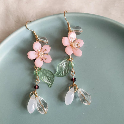 Spring Pink Flower Dangle Earrings for Women, Fairy Charms Floral Leaf Earrings Summer Holiday Pendants Earrings Jewelry Gifts