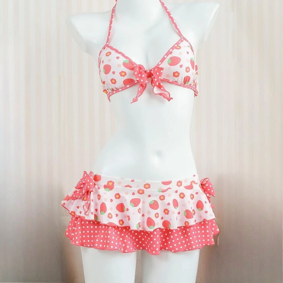 2026 Y2k Summer Cute Pink Sweet Patchwork Sets Cute Bow Design Sexy Lace-up Style Casual Bikini Swimsuit Beach Vaction Clothes