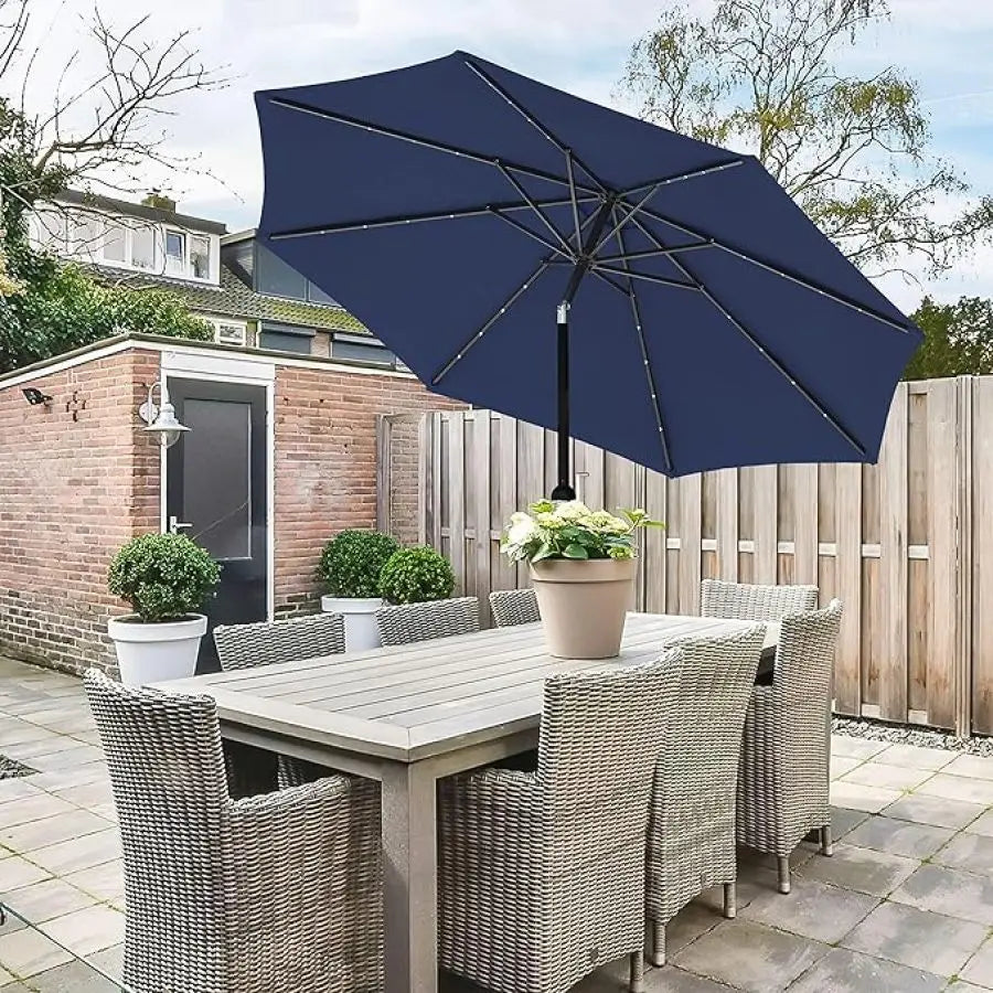 9' Solar Umbrella 32 LED Lighted Patio Umbrella Table Market Umbrella with Push Button Tilt Crank Outdoor Umbrella for Garden D