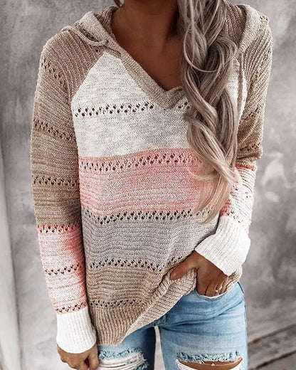 Women Patchwork Hooded Sweater Casual Long Sleeve Knitted Sweater Top Striped Elegant Pullover Jumpers Autumn Winter Plus Size