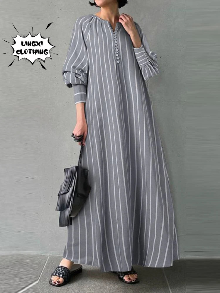 Women's 2023 Cotton Linen Stripe Round Neck Long Sleeve Simple Loose Long Pullover Dress Vintage Elegant Women's Dress Robe