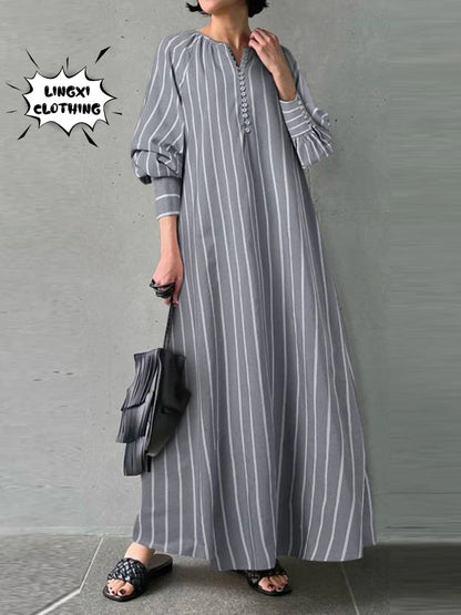 Women's 2023 Cotton Linen Stripe Round Neck Long Sleeve Simple Loose Long Pullover Dress Vintage Elegant Women's Dress Robe