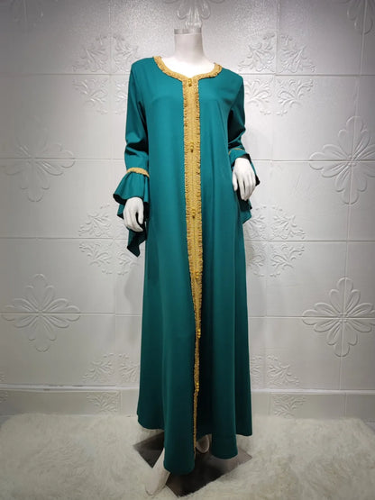 Autumn Modest Muslim Dress for Women Ruffles Sleeve Embroidered Abaya Duabi Arabic Vestidos Moroccon Kaftan Islamic Gown Robe